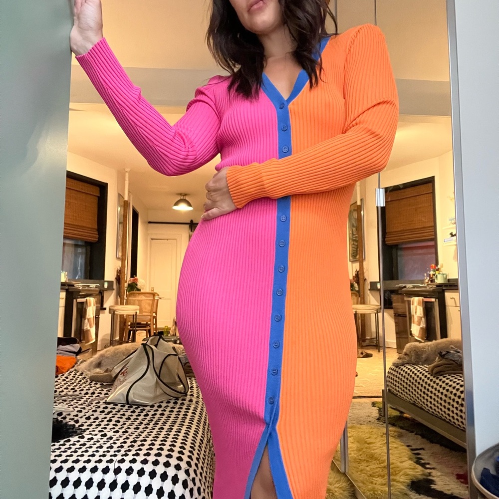 STAUD Pink and Orange Long Sleeve Dress with Blue Trim
